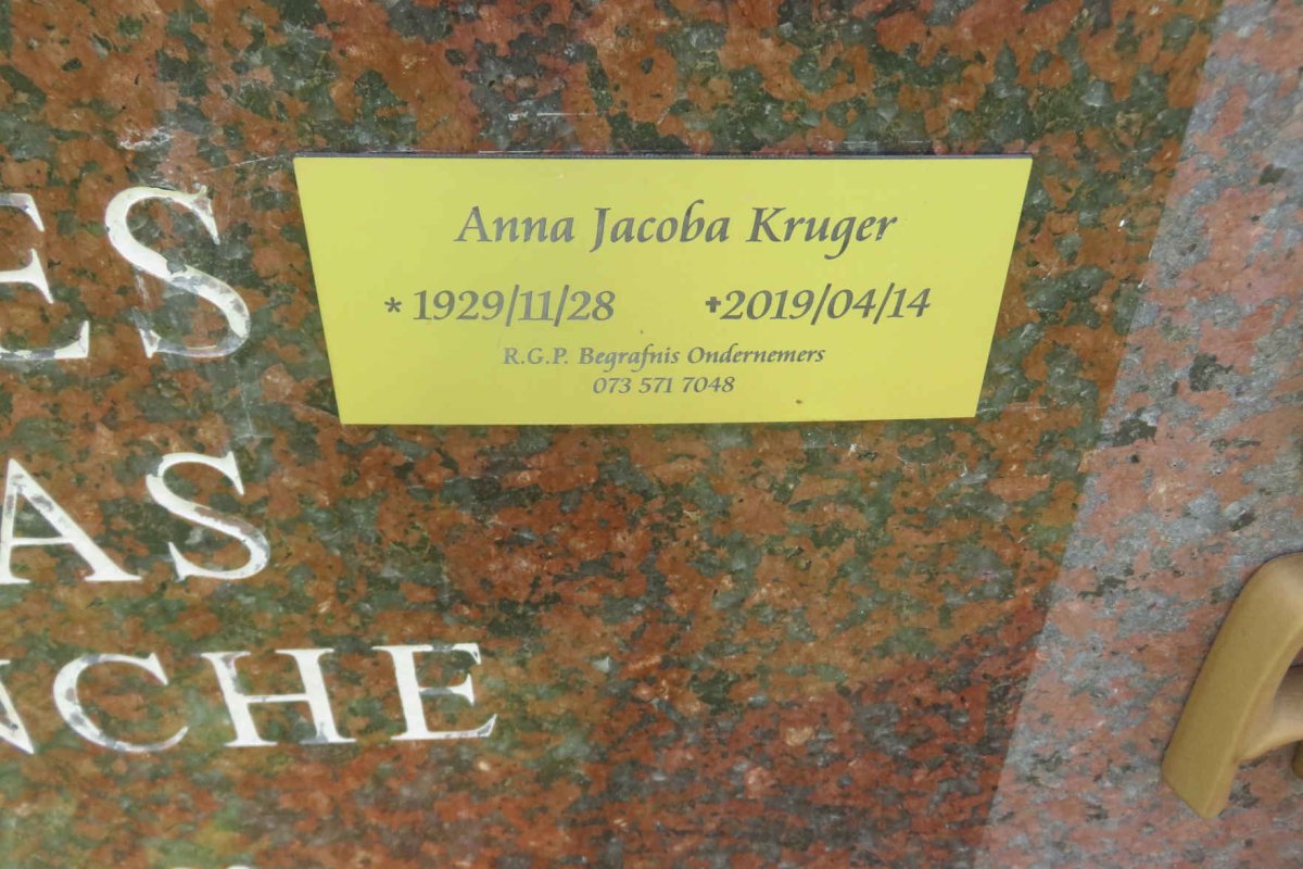 KRUGER Johannes Nicolaas Terblance 1923-1998 &amp; Anna Jacoba 1929-2019
