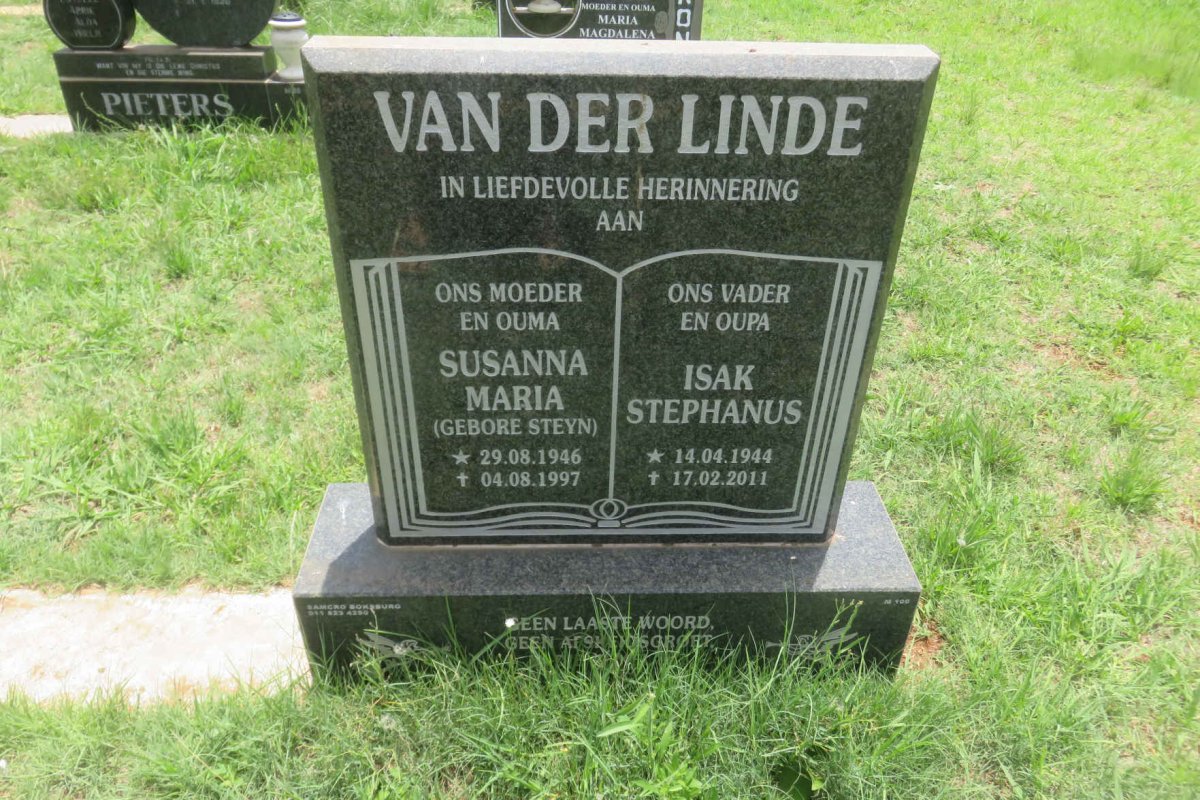 LINDE Isak Stephanus, van der 1944-2011 &amp; Susanna Maria  STEYN 1946-1997