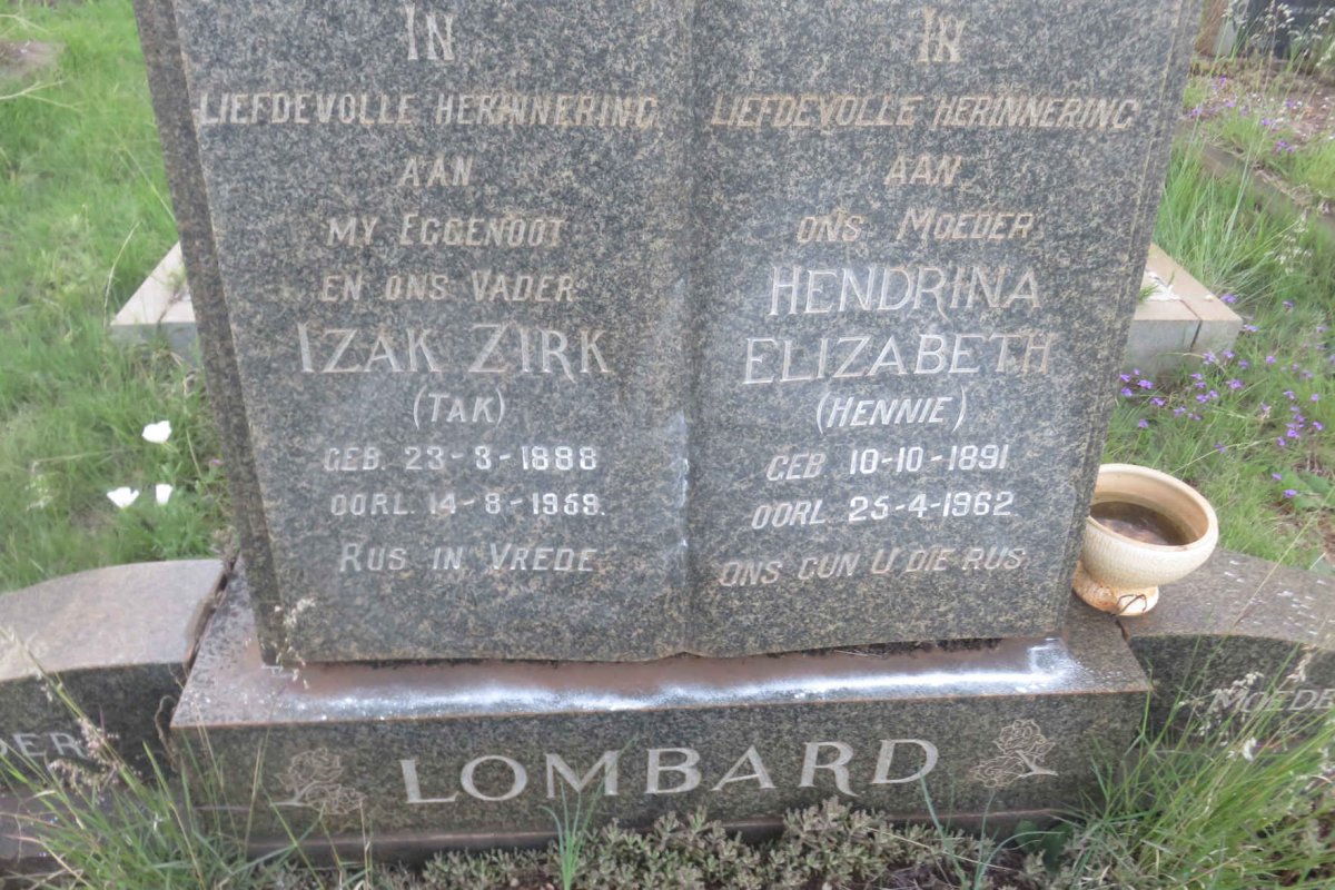 LOMBARD Izak Zirk 1888-1959 &amp; Hendrina Elizabeth 1891-1962