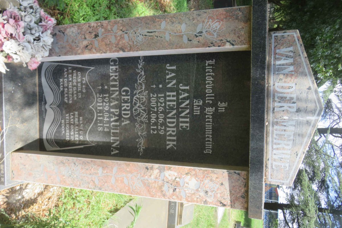 MERWE Jan Hendrik, van der 1926-2007 &amp; Gertina Paulina 1929-2011