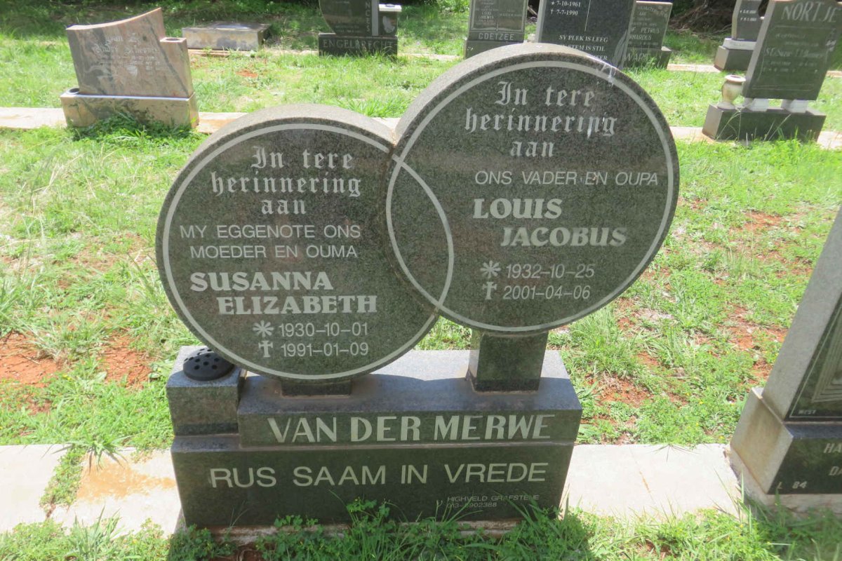 MERWE Louis Jacobus, van der 1932-2001 &amp; Susanna Elizabeth 1930-1991