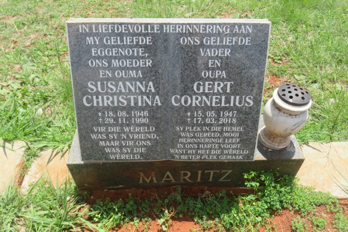 MARITZ Gert Cornelius 1947-2018 &amp; Susanna Christina 1946-1990