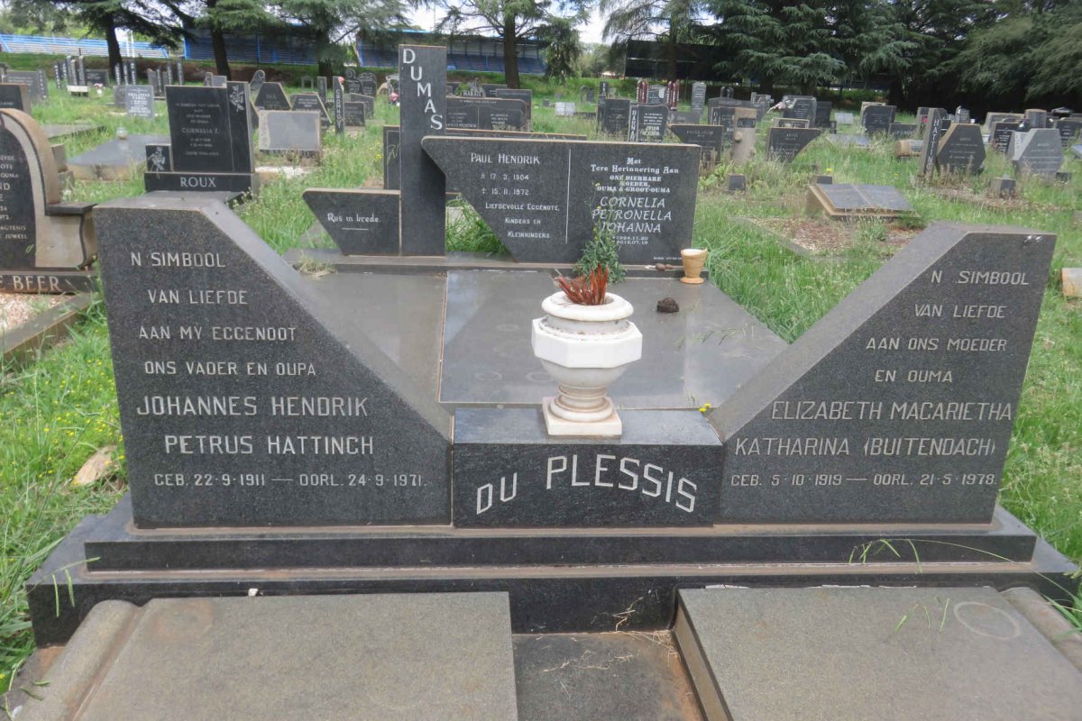 PLESSIS Johannes Hendrik Petrus Hattingh, du 1911-1971 &amp; Elizabeth Magarietha Katharina BUITENDACH 1919-1978