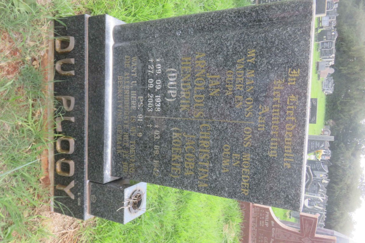 PLOOY Jan Arnoldus Hendrik, du 1938-2003 &amp; Christina Jacoba 1942-