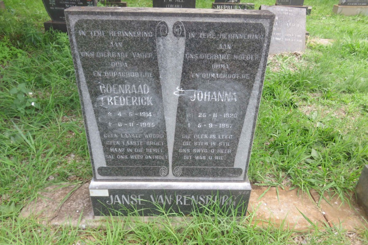 RENSBURG Coenraad Frederick, Janse van 1914-1995 &amp; Johanna 1920-1997