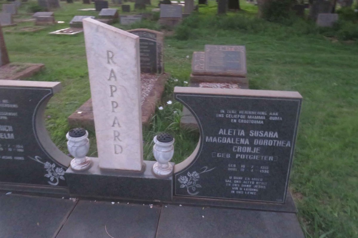RAPPARD Friedrich Wilhelm 1914-1961 &amp; Aletta Susara Dorothea CRONJE nee POTGIETER 1919-1996