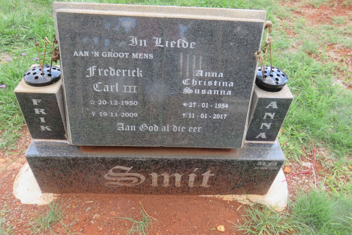 SMIT Frederick Carl 1950-2009 &amp; Anna Christina Susanna 1954-2017