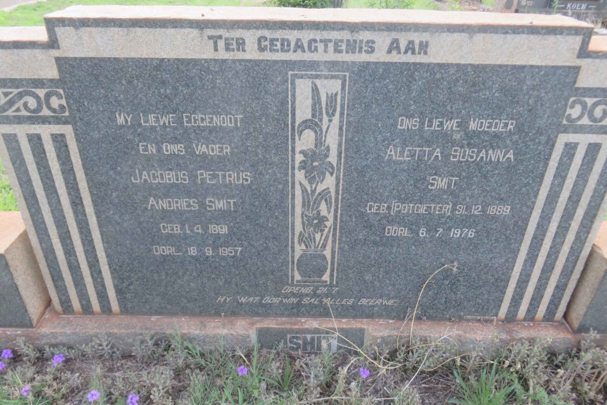 SMIT Jacobus Petrus Andries 1891-1957 &amp; Aletta Susanna POTGIETER 1889-1976