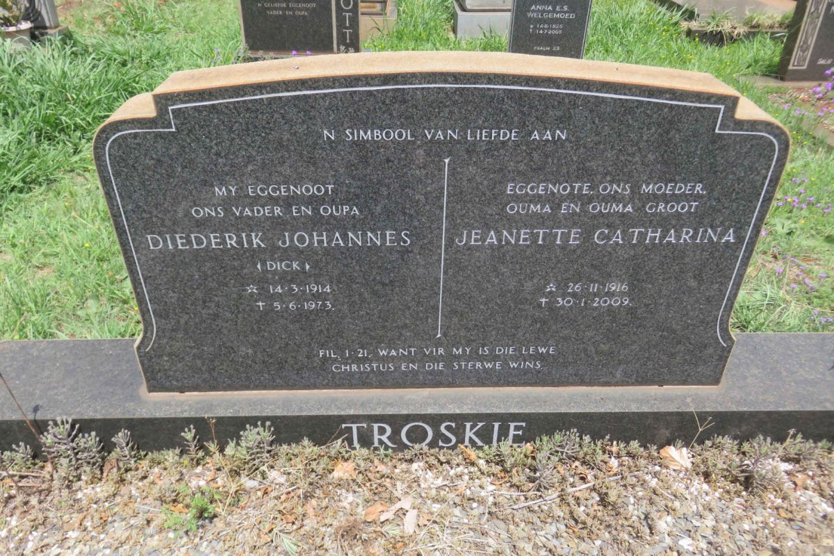 TROSKIE Diederik Johannes 1914-1973 &amp; Jeanette Catharina 1916-2009