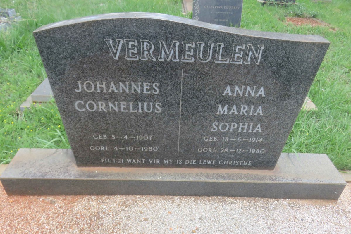VERMEULEN Johannes Cornelius 1907-1980 &amp; Anna Maria Sophia 1914-1980