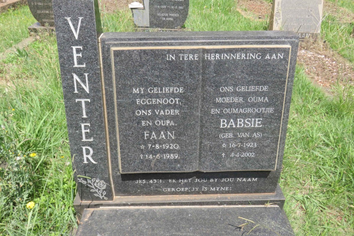 VENTER Faan 1920-1989 &amp; Babsie VAN AS 1923-2002