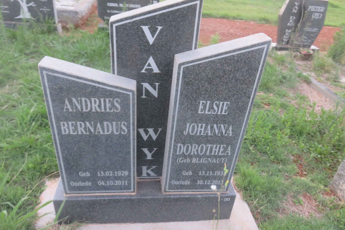 WYK Andries Bernardus, van 1929-2011 &amp; Elsie Johanna Dorothea BLIGNAUT 193?-2013