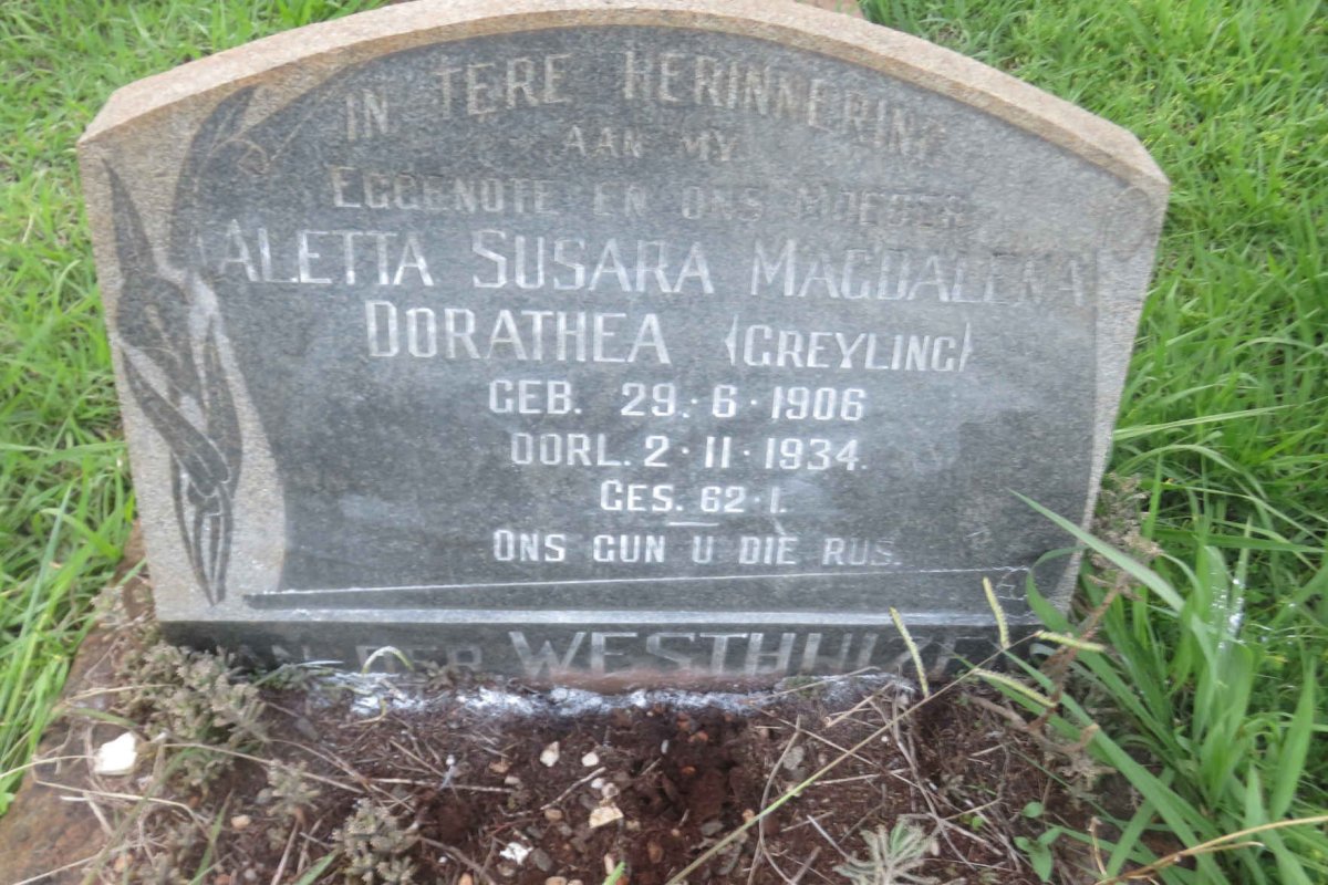 WESTHUIZEN Aletta Susara Magdalena Dorathea, van der nee GREYLING 1906-1934
