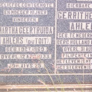 AHLERS Martha Geertruida nee DU TOIT 1869-1933