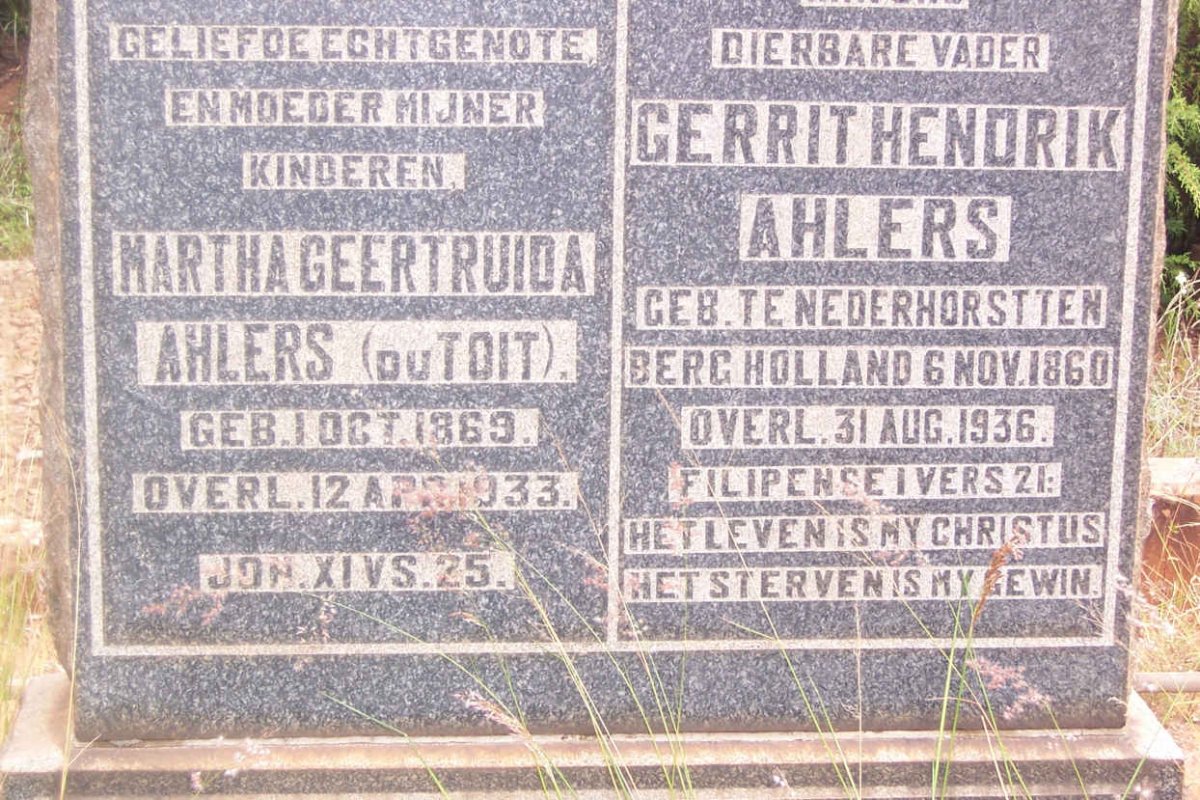 AHLERS Martha Geertruida nee DU TOIT 1869-1933