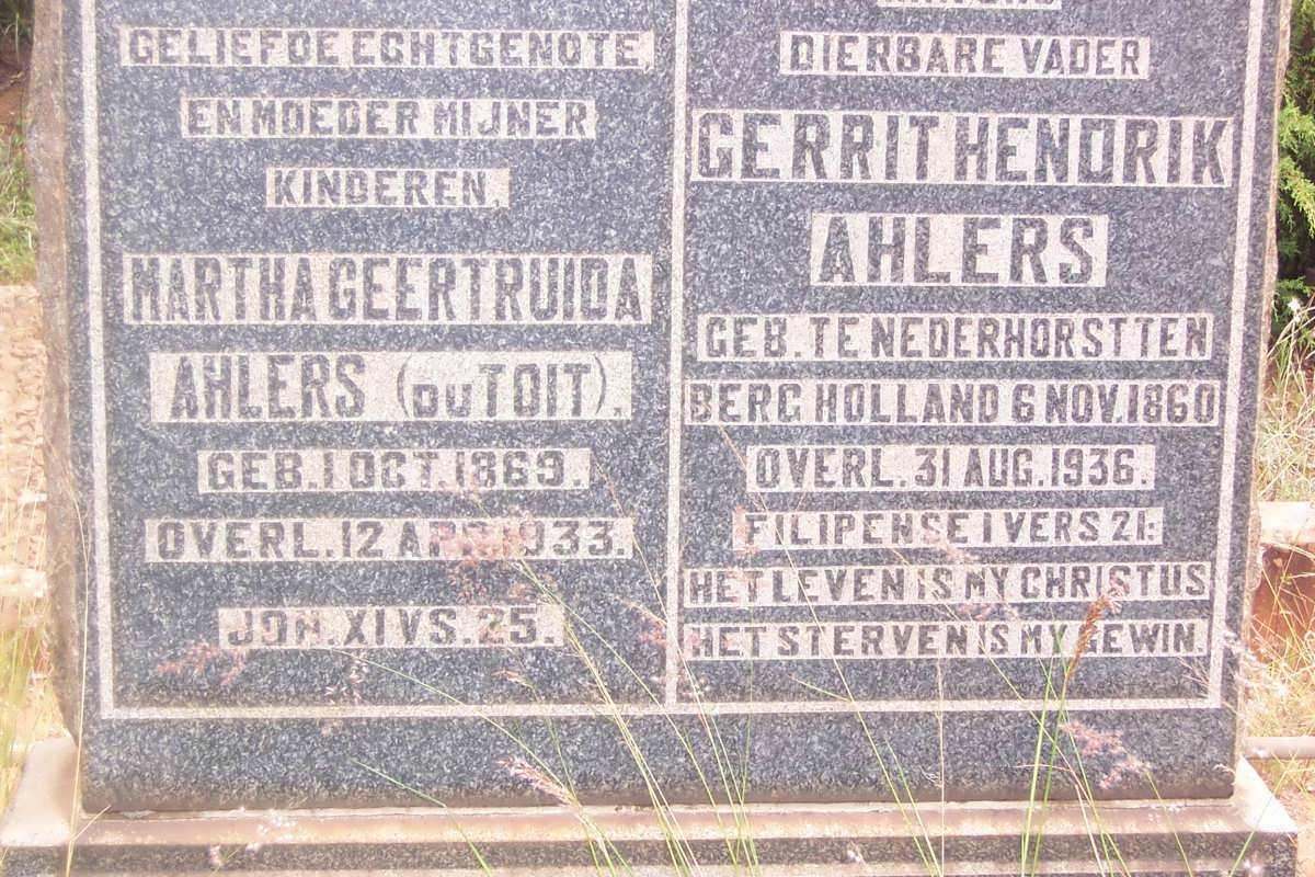 AHLERS Gerrit Hendrik 1860-1936 &amp; Martha Geertruida DU TOIT 1869-1933