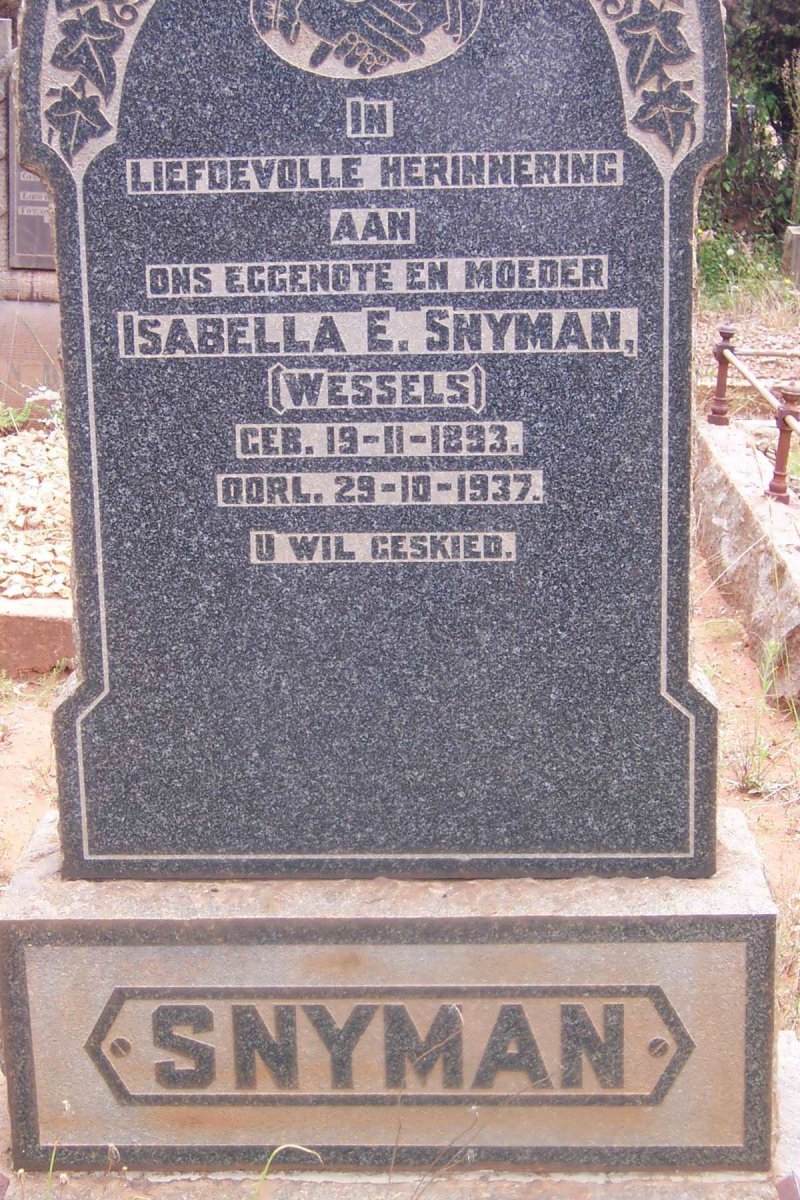 SNYMAN Isabella E. nee WESSELS 1893-1937