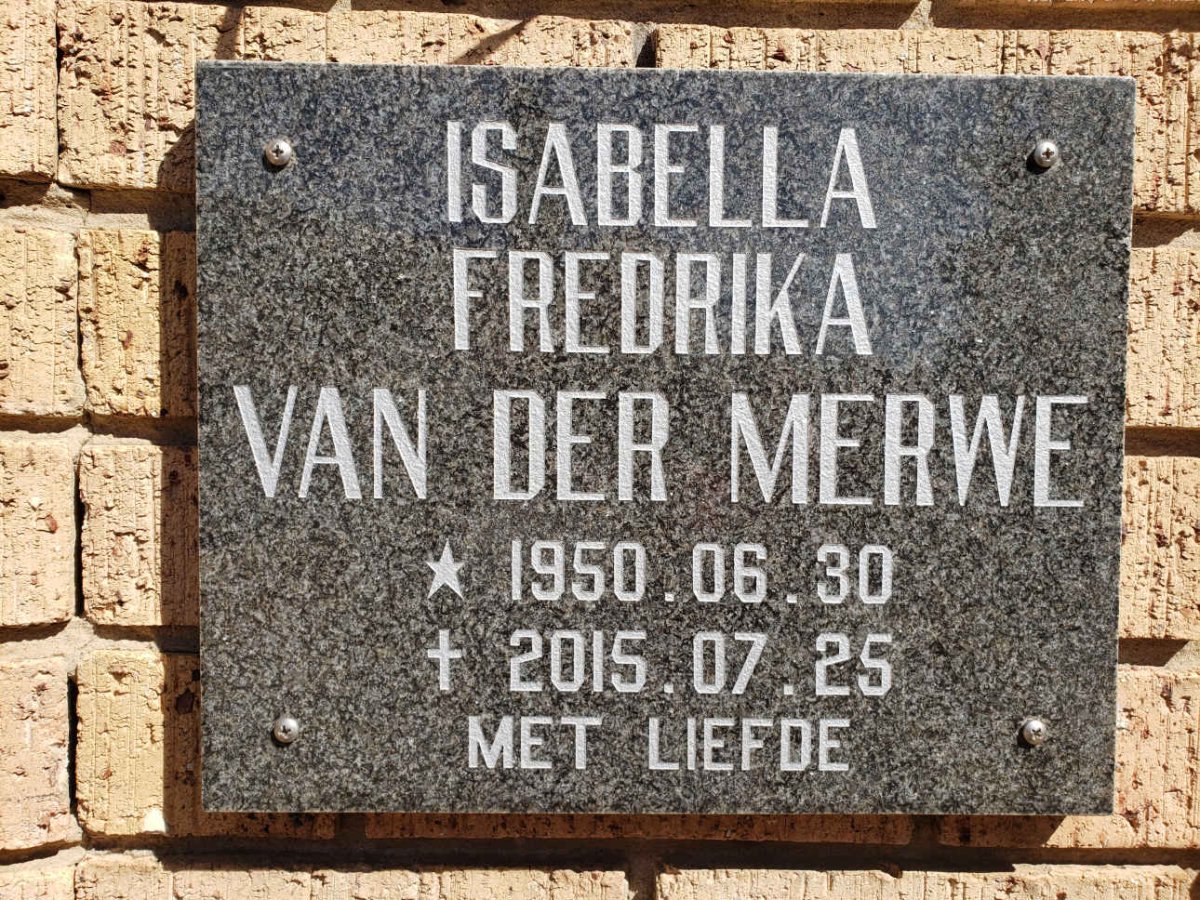 MERWE Isabella Fredrika, van der 1950-2015