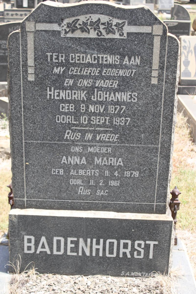 BADENHORST Hendrik Johannes 1877-1937 &amp; Anna Maria ALBERTS 1879-1961