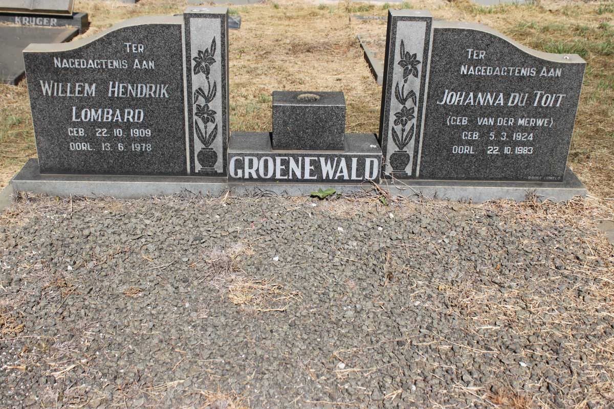 GROENEWALT Willem Hendrik Lombard 1909-1978 &amp; Johanna Du Toit VAN DER MERWE 1924-1983