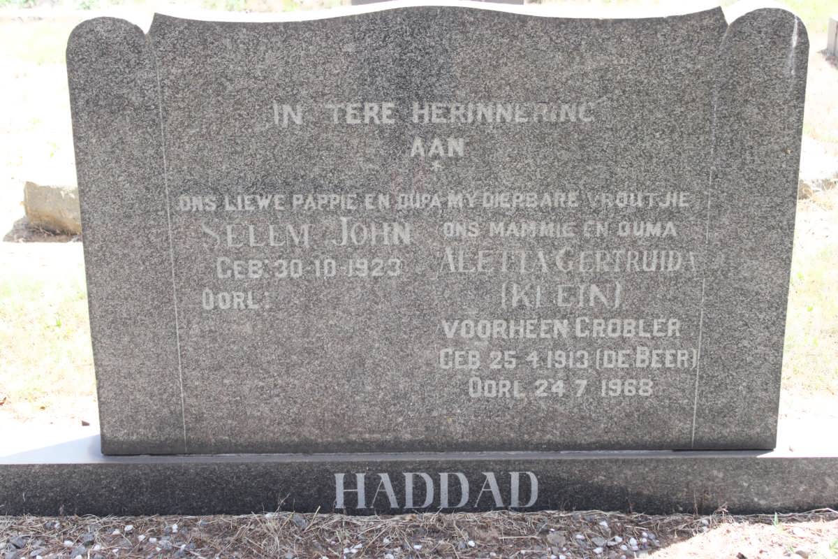 HADDAD Salem John 1923- &amp; Aletta Gertruida GROBLER geb DE BEER 1913-1968