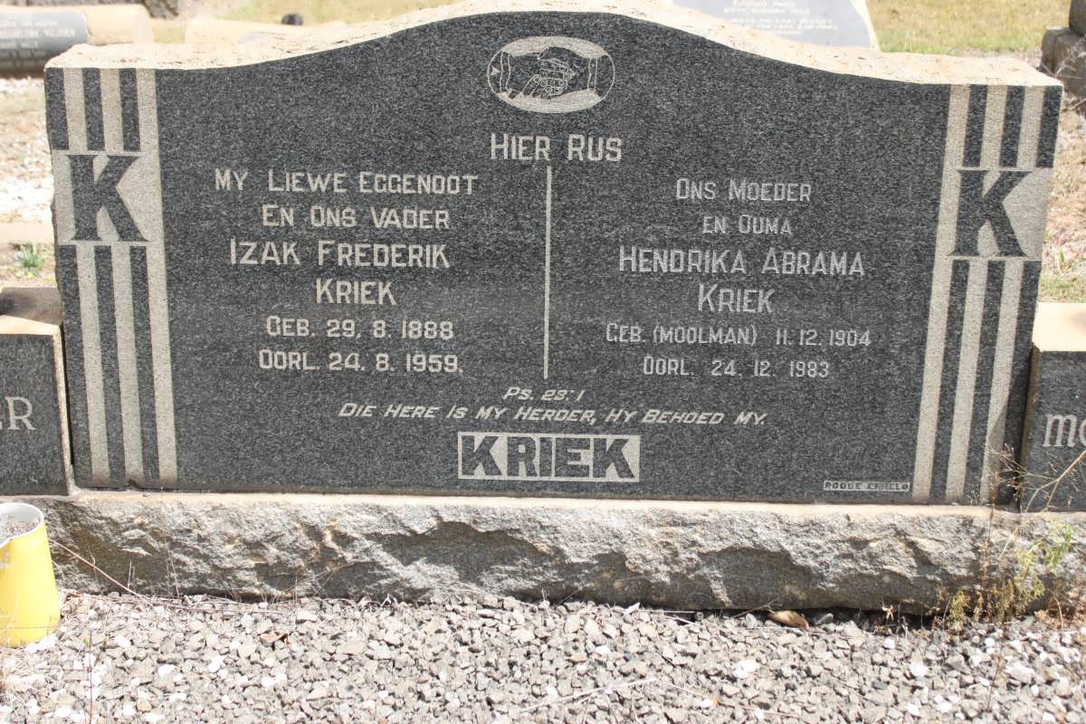 KRIEK Izak Frederik 1888-1959 &amp; Hendrika Abrama MOOLMAN 1904-1983