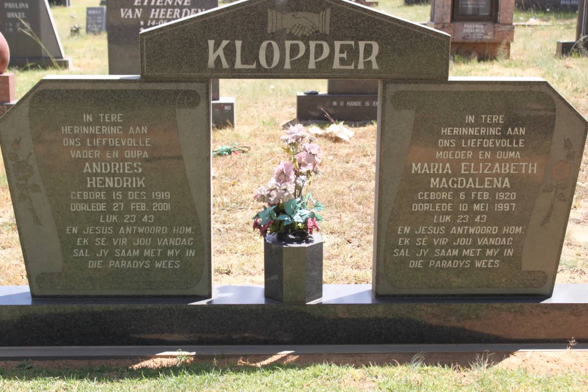 KLOPPER Andries Hendrik 1919-2001 &amp; Maria Elizabeth Magdalena 1920-1997