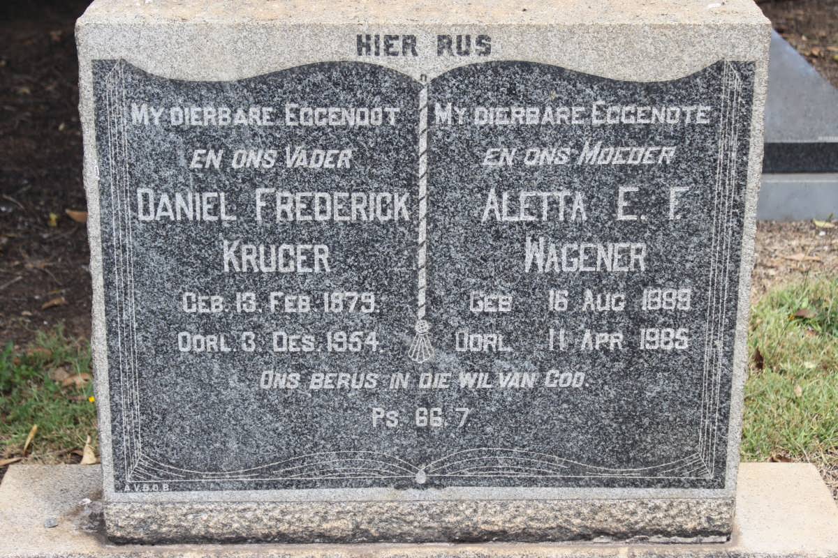 KRUGER Daniel Frederick 1879-1954 &amp; Aletta E.F. WAGENAAR 1899-1985