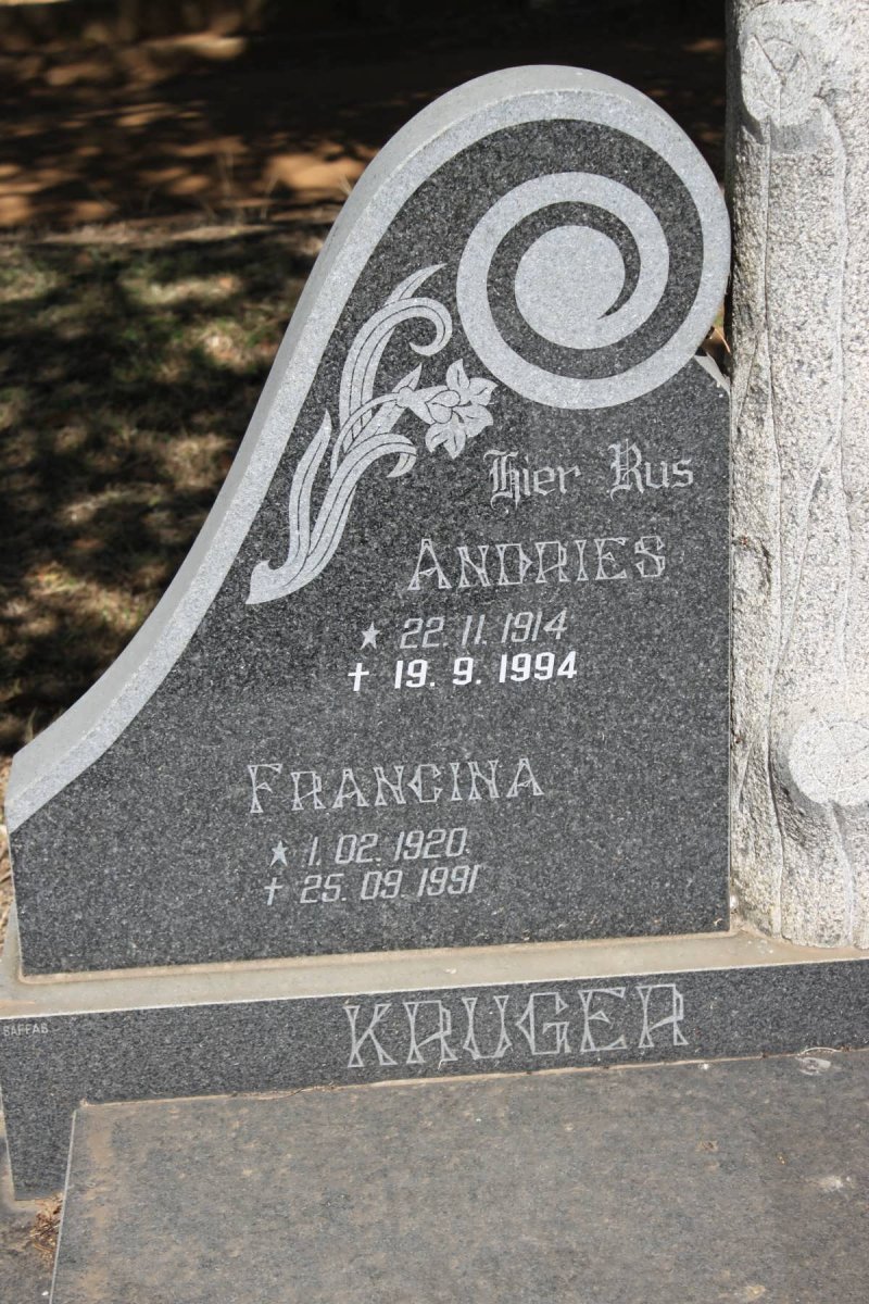 KRUGER Andries 1914-1994 &amp; Francina 1920-1991