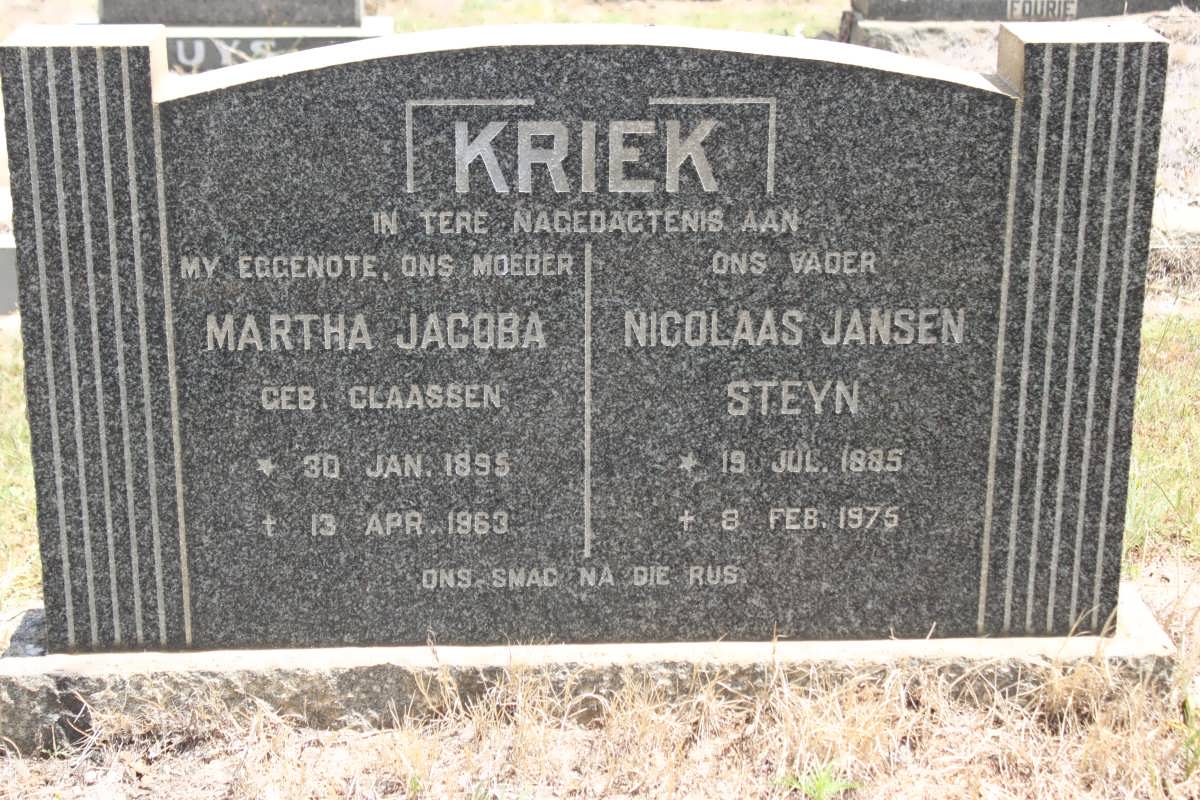KRIEK Nicolaas Jansen Steyn 1885-1975 &amp; Martha Jacoba CLAASSEN 1895-1963