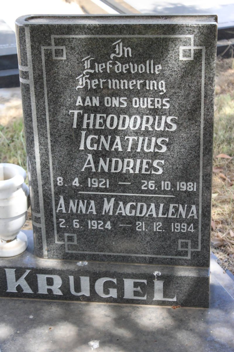 KRUGEL Theodorus Ignatius Andries 1921-1981 &amp; Anna Magdalena 1924-1994