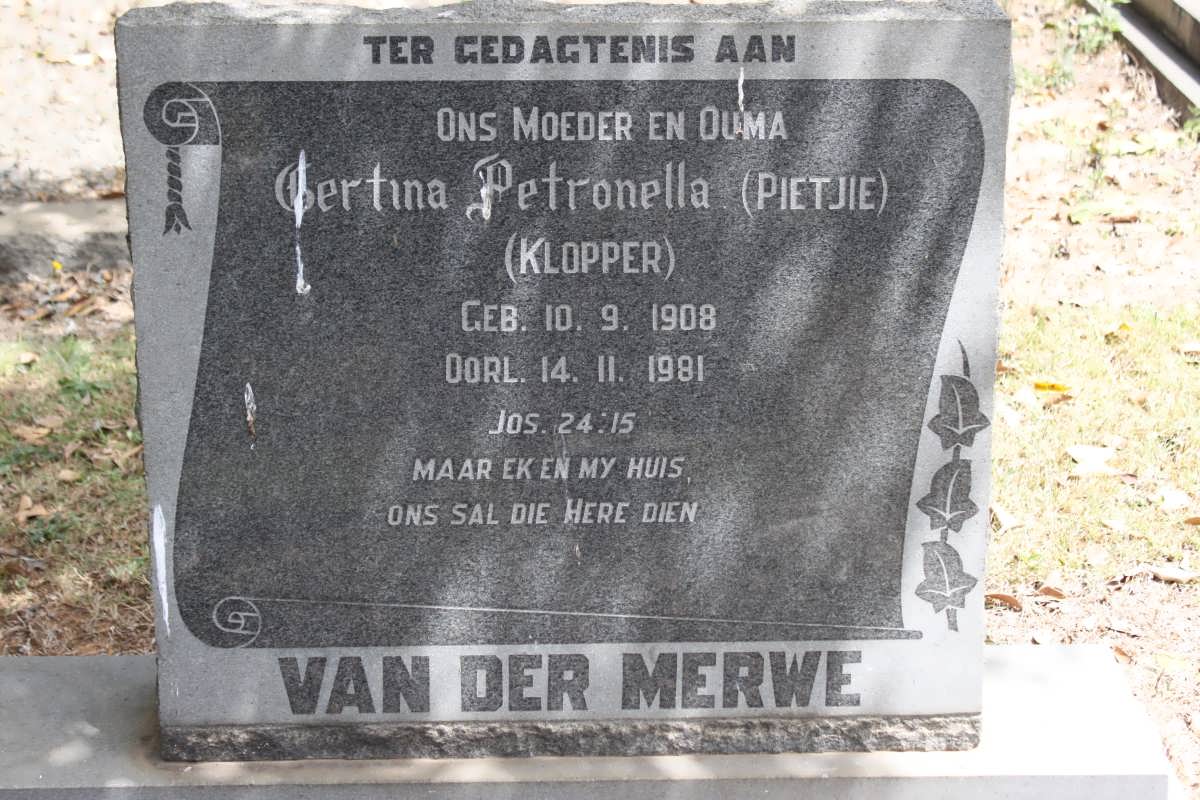 MERWE Gertina Petronella, van der geb KLOPPER 1908-1981