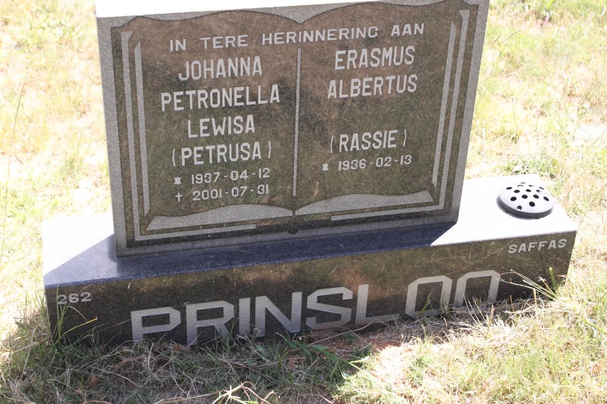 PRINSLOO Erasmus Albertus 1936- &amp; Johanna Petronella Lewiesa 1937-2001