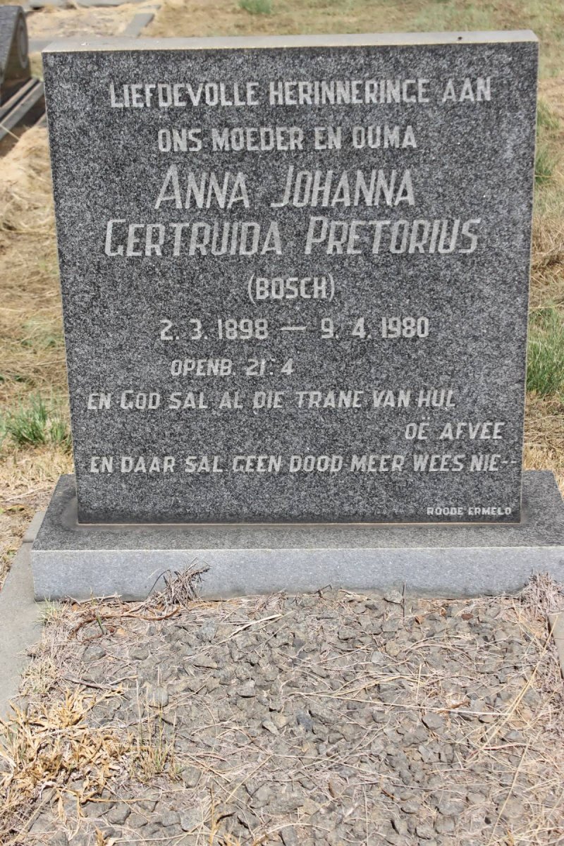 PRETORIUS Anna Johanna Gertruida nee BOSCH 1898-1980