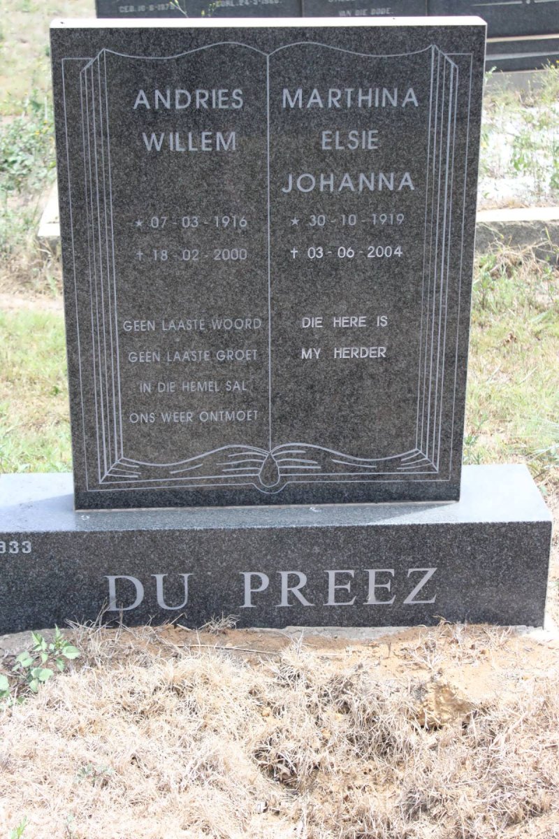PREEZ Andries Willem, du 1916-2000 &amp; Marthina Elsie Johanna 1919-2004