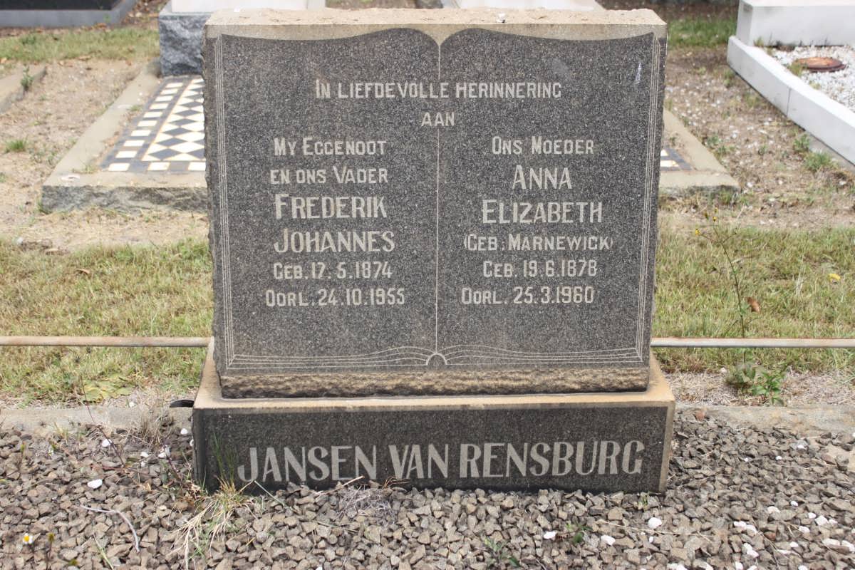 RENSBURG Frederik Johannes, Jansen Van 1874-1955 &amp; Anna Elizabeth MARNEWICK 1878-1960