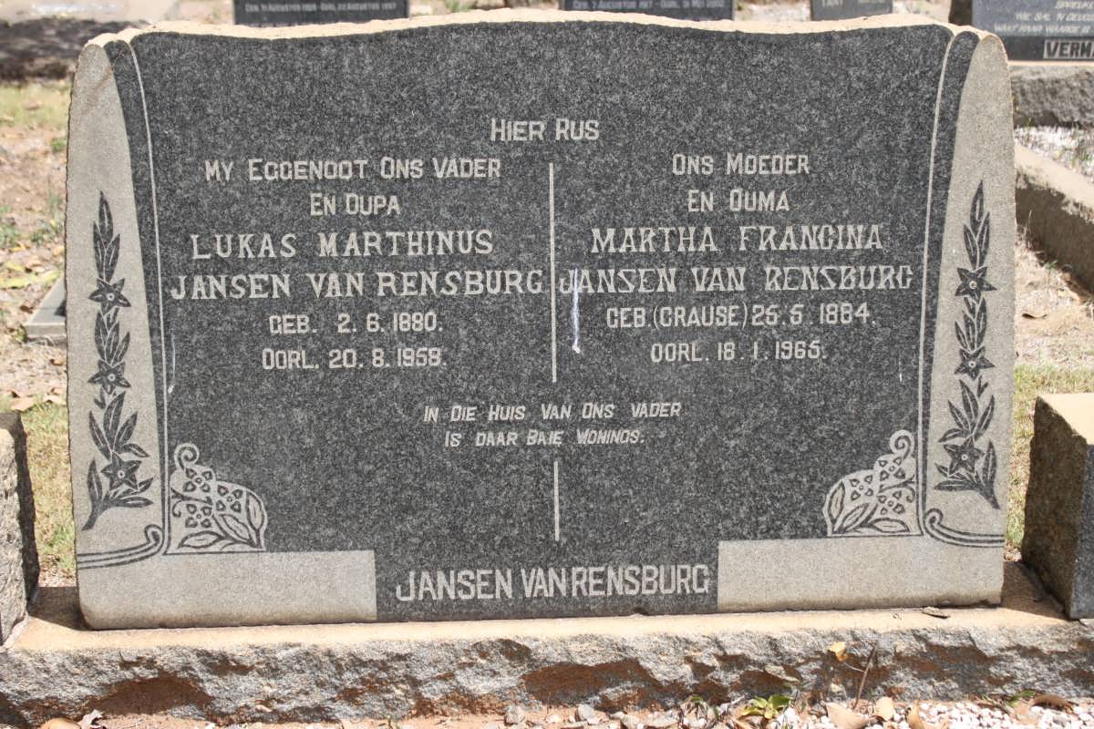 RENSBURG Lukas Marthinus, Jansen van 1880-1958 &amp; Martha Francina CRAUSE 1884-1965