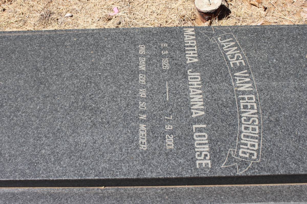 RENSBURG Martha Johanna Louise, Janse van 1926-2001
