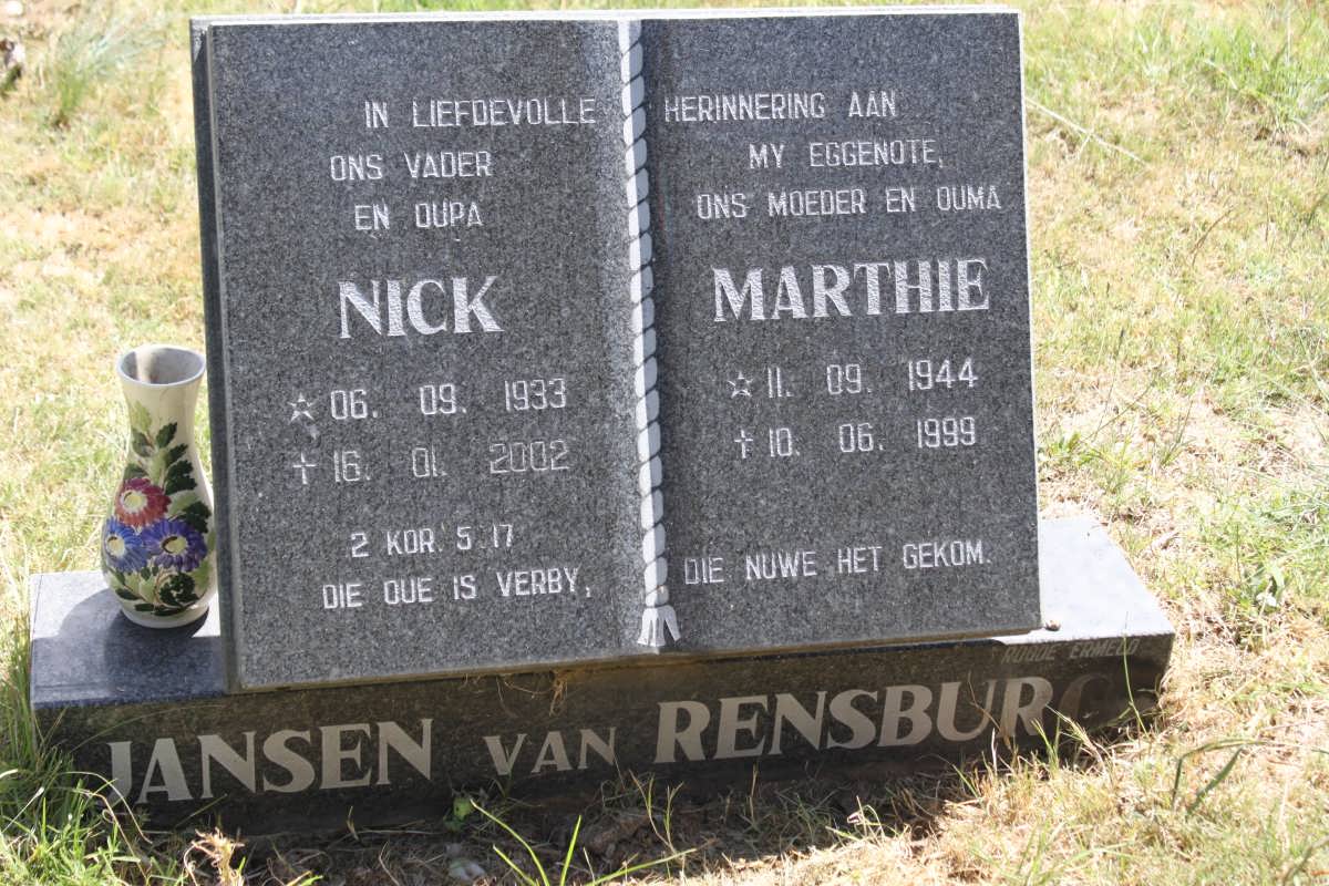 RENSBURG Nick, Jansen van 1933-2002 &amp; Marthie 1944-1999
