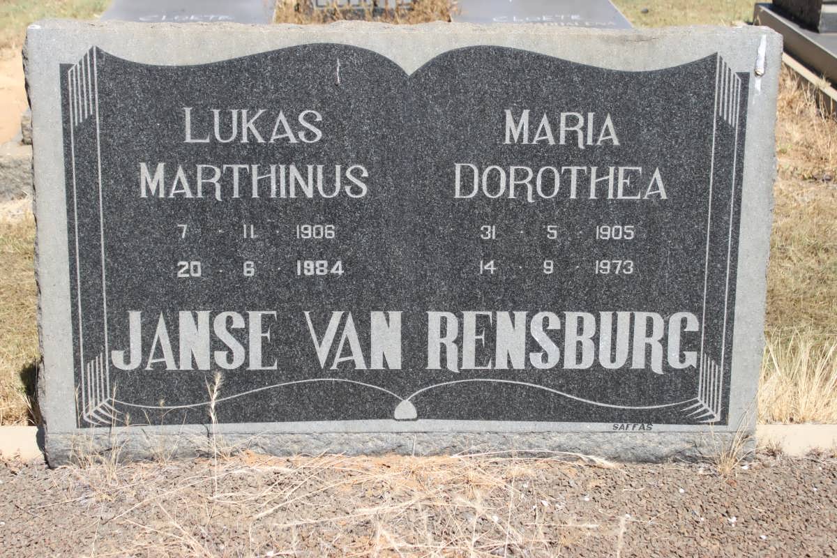 RENSBURG Lukas Marthinus, Janse van 1906-1984 &amp; Maria Dorothea 1905-1973