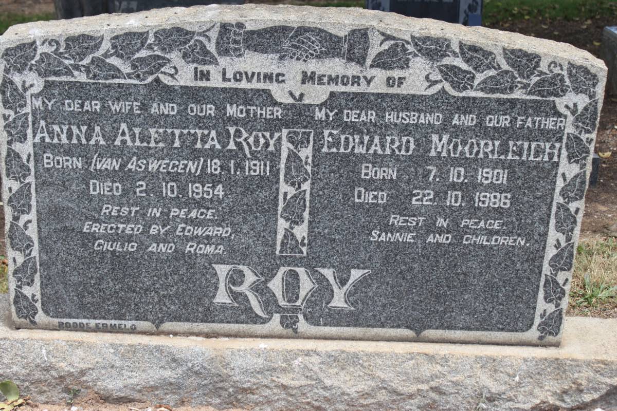 ROY Edward Moorleich 1901-1986 &amp; Anna Aletta VAN ASWEGEN 1911-1954