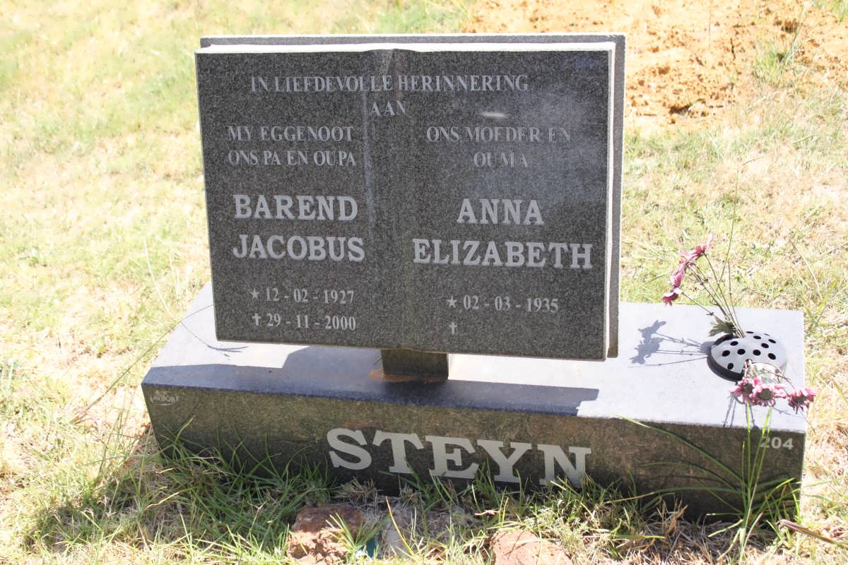 STEYN Barend Jacobus 1927-2000 &amp; Anna Elizabeth 1935-