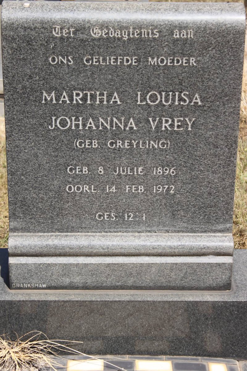 VREY Martha Louisa Johanna nee GREYLING 1896-1972