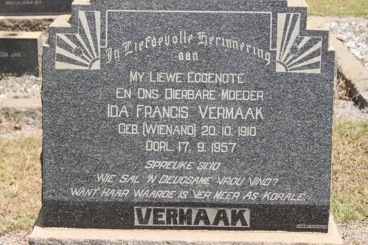 VERMAAK Ida Francis geb WIENAND 1910-1957