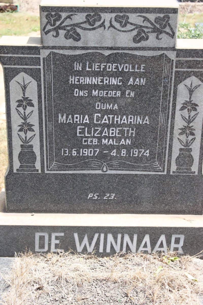 WINNAAR Maria Catharina Elizabeth, de geb MALAN 1907-1974