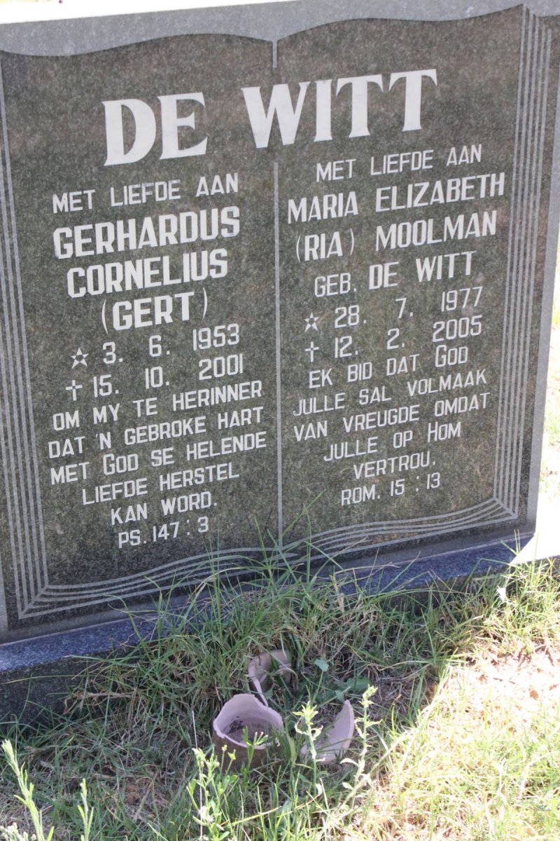 WITT Gerhardus Cornelius, de 1953-2001 &amp; Maria Elizabeth Moolman DE WITT 1977-2005