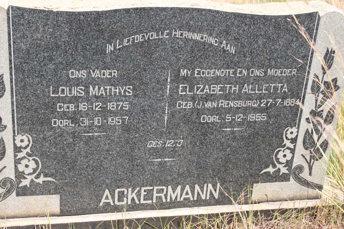 ACKERMANN Louis Mathys 1875-1957 &amp; Elizabeth Alletta J. VAN RENSBURG 1884-1955