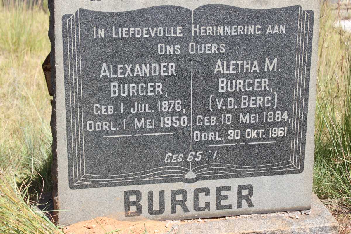 BURGER Alexander 1876-1950 &amp; Aletha M. V.D. BERG 1884-1961