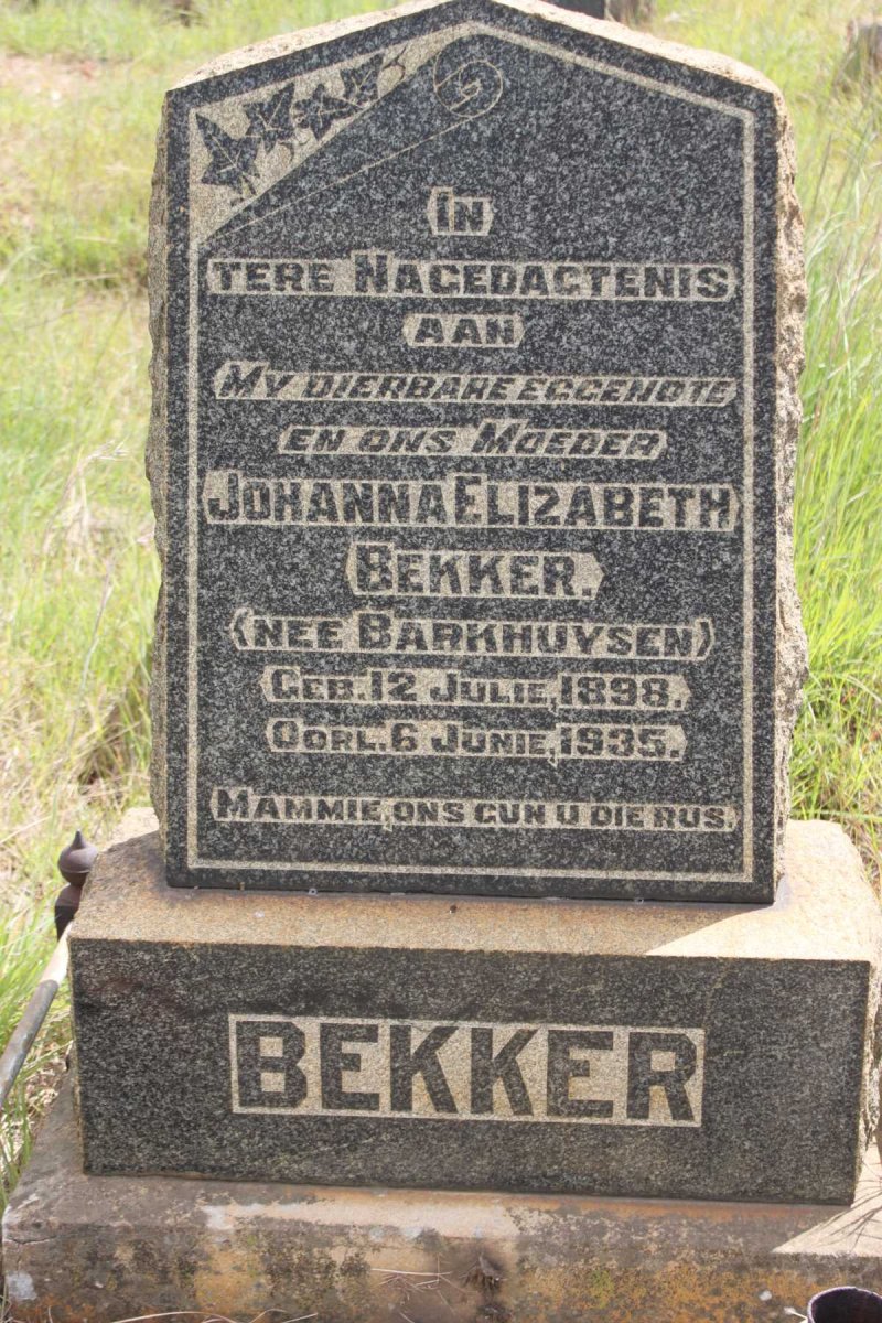BEKKER Johanna Elizabeth nee BARKHUYSEN 1898-1935