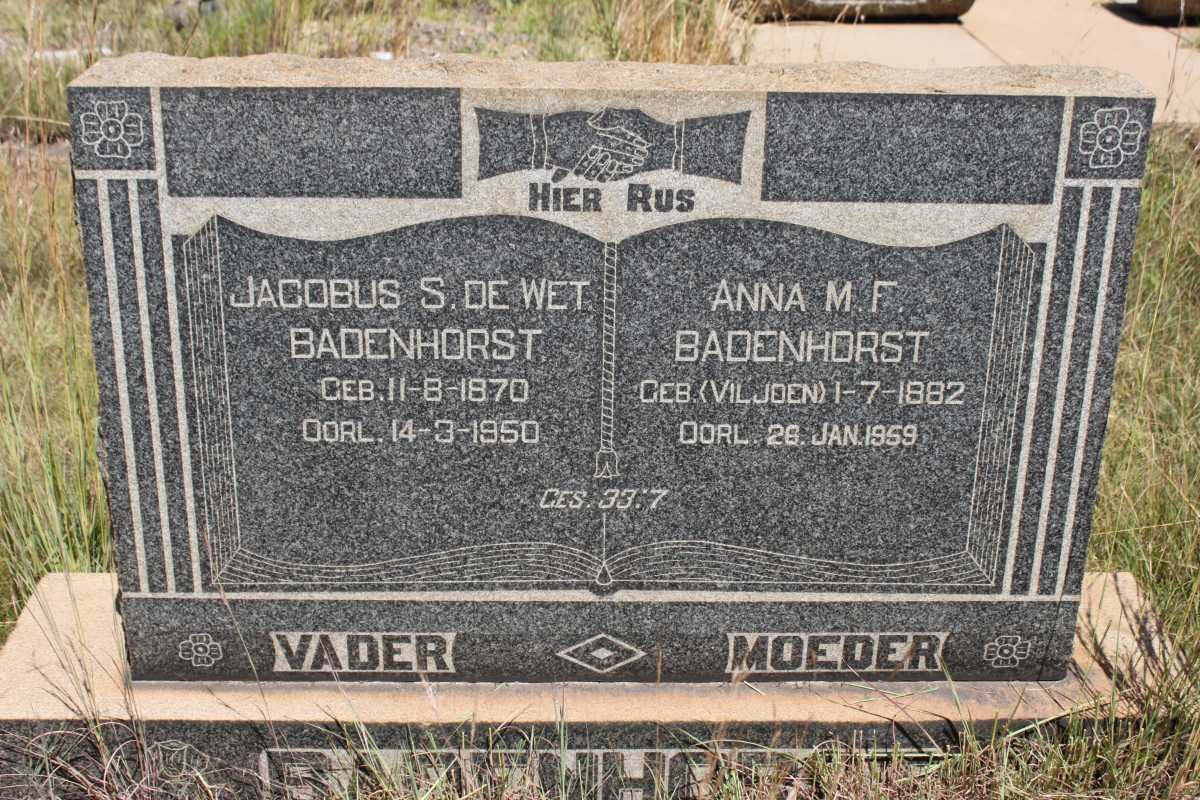 BADENHORST Jacobus S. De Wet 1870-1950 &amp; Anna M.F. VILJOEN 1882-1959